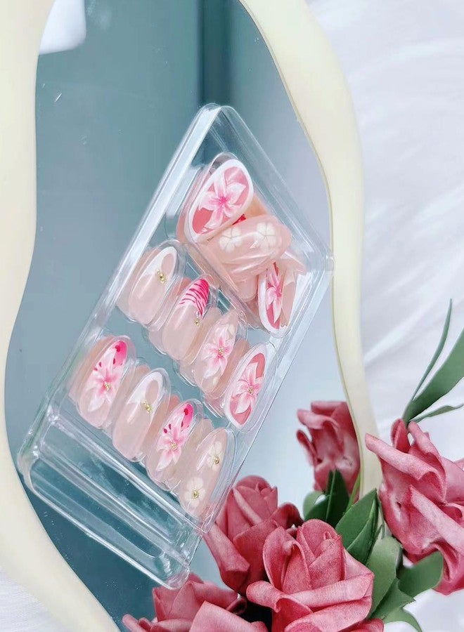 BSBTBZ Pink Flower Press on Nails Nails Medium Almond Fake Nails French Nails Press ons Cute with Designs 3D Flower Pink Stick on Nails Glossy Glue on Nails Acrylic Nails for Women Girls 24 Pcs - Image 4